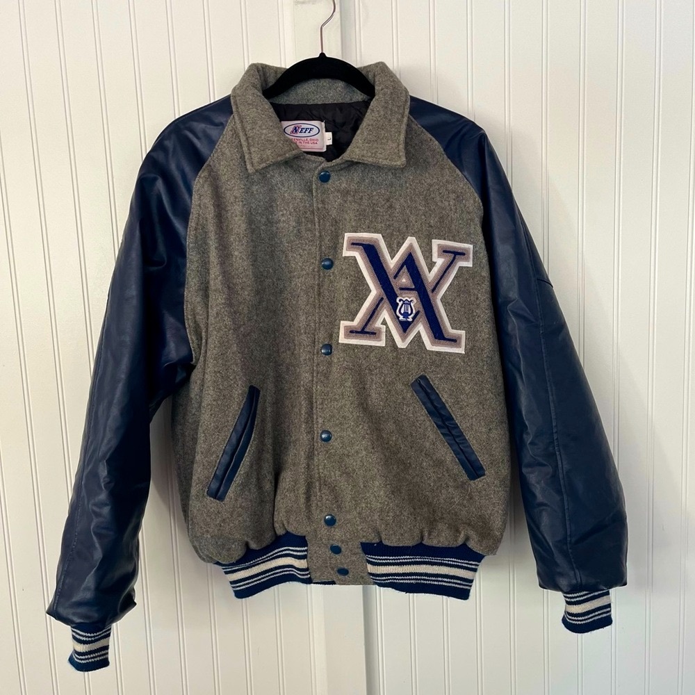 Vintage Varsity Letterman Jacket Gray Wool with Blue Leather Sleeves VA Coat